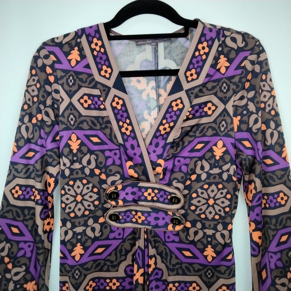 NWOT Hale Bob 100% Silk V-Neck Bell Sleeve Geometric Print KneeLength Dress Sz.M - Picture 2 of 10